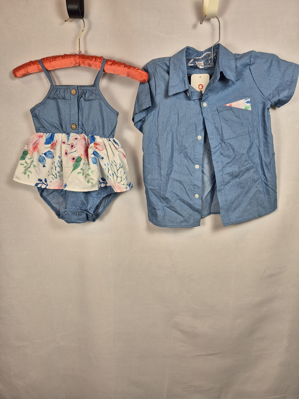 PatPat Blue Chambray Floral Baby Girl & Boy Matching Set